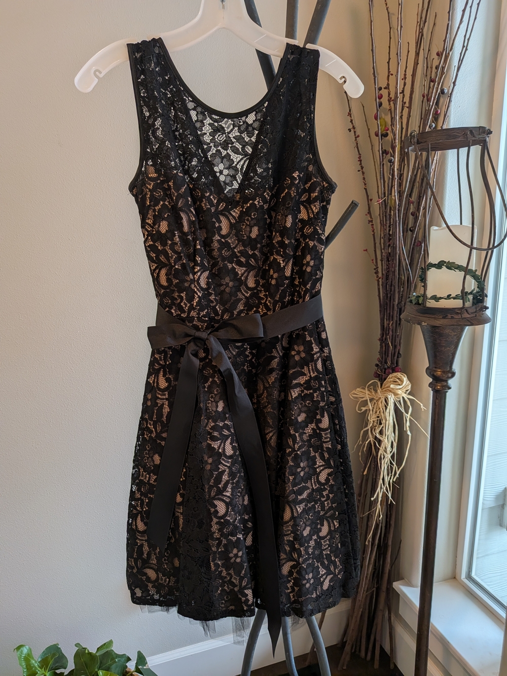 Betsy & Adam Black Lace Midi Dress with Nude Lining and Satin Waist Tie